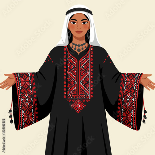 Woman Wearing Traditional Dress with Embroidered Geometric Patterns and Headdress