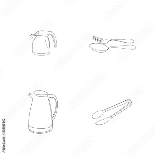Kitchen utensil line art collection featuring teapots cutlery tongs and kitchenware illustrations