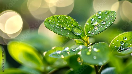 Dew-kissed leaves gleam in soft light, water droplets clinging to vivid green surfaces amidst bokeh orbs in a lush, natural setting