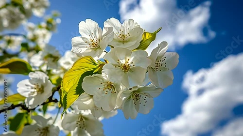 A vibrant, low-angle shot captures the delicate beauty of white blossoms against a backdrop of bright blue sky and fluffy white clouds