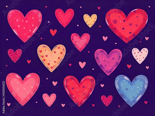 Colorful Hand-Drawn Hearts on Dark purple Background – Playful Romantic Doodle Style Illustration for Valentine’s Day and Love Themes