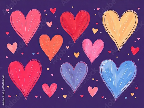 Colorful Hand-Drawn Hearts on Dark purple Background – Playful Romantic Doodle Style Illustration for Valentine’s Day and Love Themes