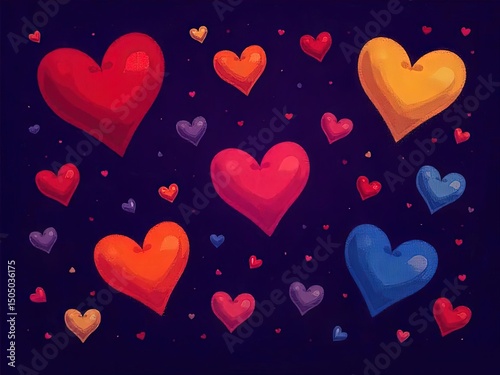 Colorful Hand-Drawn Hearts on Dark purple Background – Playful Romantic Doodle Style Illustration for Valentine’s Day and Love Themes
