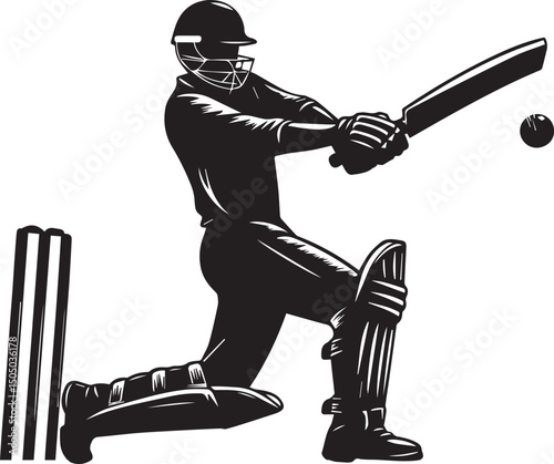 Cricket Batsman Silhouette Vector in Action Pose – Black and White Sports Art