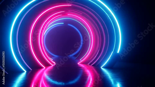 Illuminated tunnel of circular neon lights casts reflective glow in an abstract space with dark background