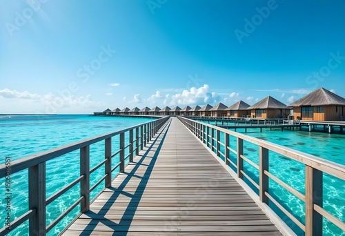 Fototapeta Naklejka Na Ścianę i Meble -  Long wooden pier stretching into turquoise sea under a bright sky, offering a serene tropical travel destination.