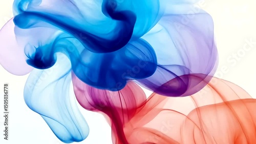 Abstract flow of translucent, ethereal shapes transitions from violet to blue to red, with an airy lightness against the white backdrop