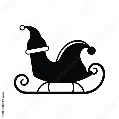 Black silhouette illustration of a festive santa claus sleigh with decorative features for christmas