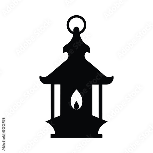 Black silhouette of a traditional japanese lantern with candle flame inside and ring top