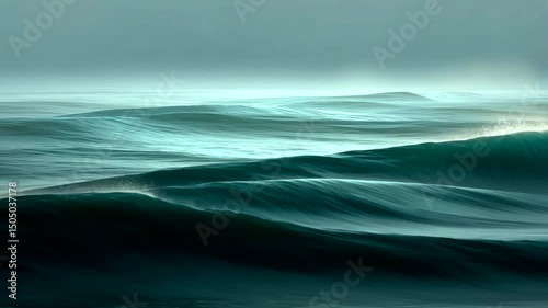 Serene teal ocean waves roll in an endless rhythm, reflecting light under a cloudy sky on the horizon
