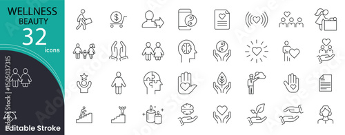 Wellness beauty related icons set. Including spa, skincare, relaxation, cream, face, treatment, natural, and selfcare. Editable stroke. outline icons.