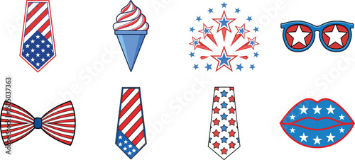 Festive set of patriotic illustrations featuring american flags ties bow tie ice cream and fireworks elements