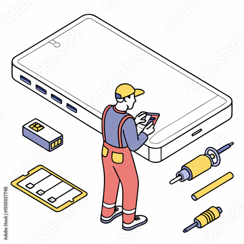 Vector illustration of tablet charging port under repair, isolated on transparent background