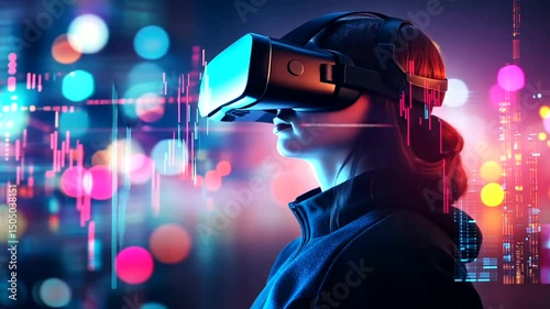 Woman with VR headset immersed in glowing cityscapes & data