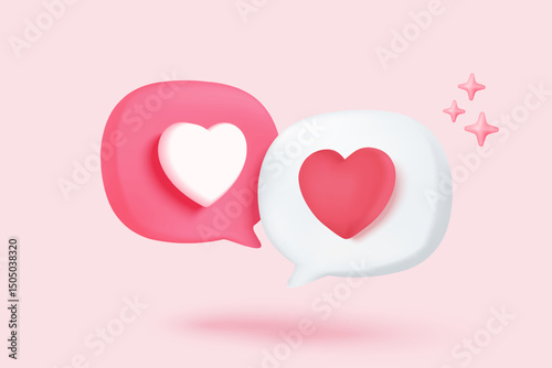 3D Social media online platform concept, online social communication on applications, Photo frame with heart and love emoji icon, like and play in red bubble 3d icons. 3d vector render concept