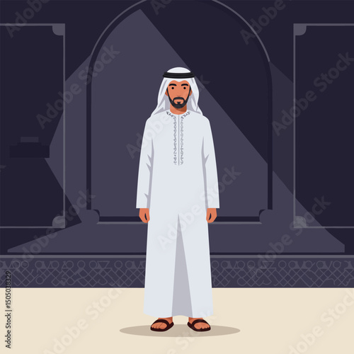 Man Standing in Traditional Middle Eastern Clothing in Ornate Setting