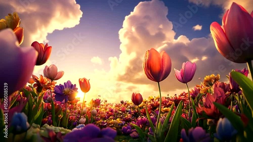 Vibrant tulips in a field at sunset, against a backdrop of fluffy clouds and a blue sky, creating a serene and colorful landscape