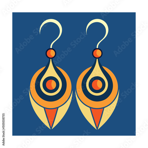 Geometric abstract earrings illustration in vibrant colors against a deep blue background design