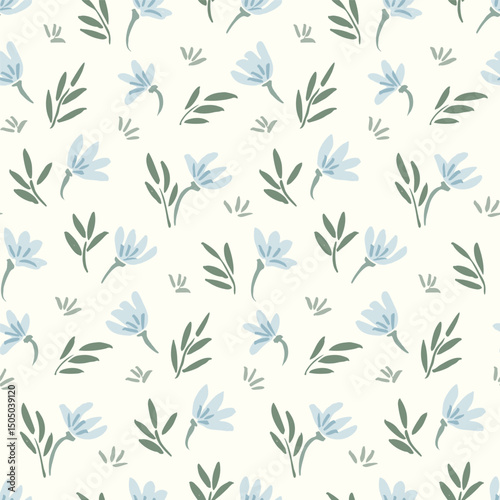 Jasmine flowers and leaves scattered in the wind, forming a minimalist botanical pattern in colors of blue, green and beige. Seamless vector pattern. Great for home decor, fabric, wallpaper, gift wrap