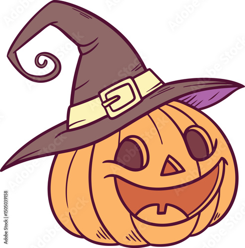 halloween pumpkin cartoon with witch hat icon