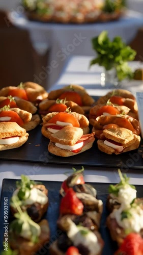 Close-up on assorted gourmet appetizers on a table, featuring various toppings such as strawberries, tomatoes, and herbs, catering service style