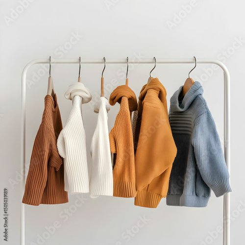 Stylish kid clothes hanging on rack against white background