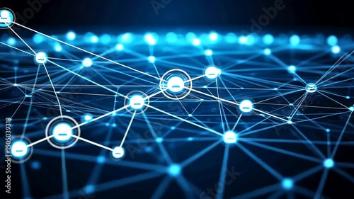 Blue network with glowing nodes connected by lines across a grid pattern representing data, communication, and relationships