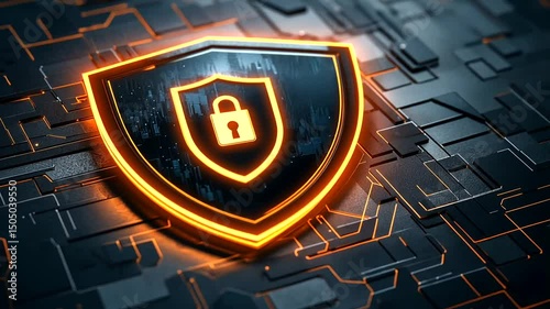 Glowing shield with padlock symbol on tech background