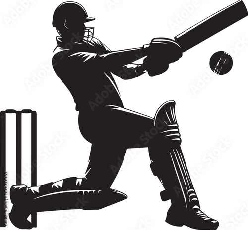 Cricket Batsman Silhouette Vector in Action Pose – Black and White Sports Art