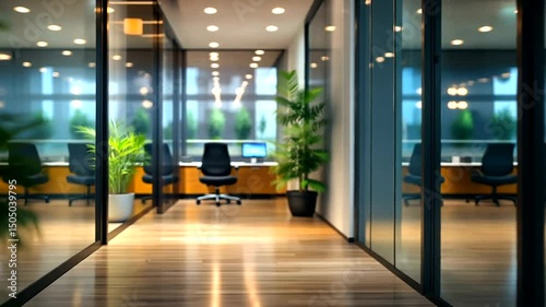 Office interior features sleek design, hardwood flooring, glass walls, and potted plants enhancing the workspace ambiance with greenery