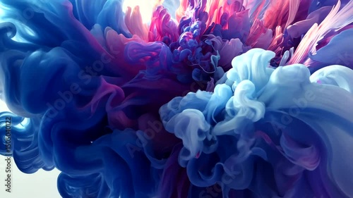 Abstract digital art billowing clouds of swirling blue, pink, and purple, resembling smoke or floral shapes, against a white background