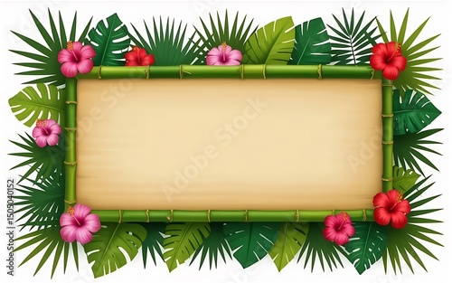 Tropical bamboo frame with hibiscus flowers and palm leaves blank sign