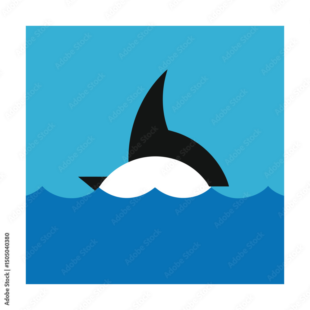 Obraz premium Minimalist vector illustration of a black and white killer whale fin breaching the ocean surface