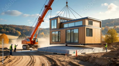 Crane lifting prefabricated modular house into place on construction foundation with workers and equipment on site photo