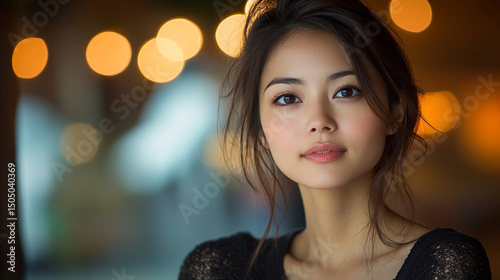 Close up portrait of a young woman with brown hair and bokeh lights in the background at night time