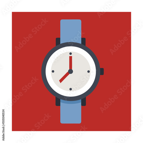 Flat vector illustration of a stylish wristwatch showing time on a red background