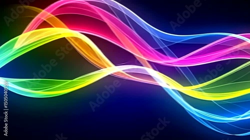 Vibrant wavy rainbow streaks gracefully cascade across a dark gradient background, creating a dynamic, luminous, and colorful composition