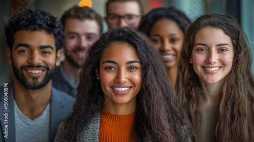 A diverse group of smiling people posing for a picture with a blurred background behind them all together