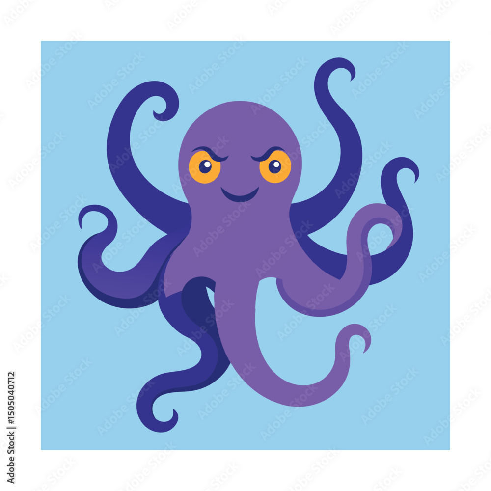 Fototapeta premium Friendly purple octopus illustration with curious eyes and tentacles on a bright blue background