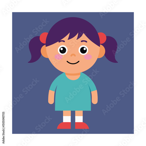 Adorable cartoon illustration of a young girl in blue dress and pigtails smiling cheerfully