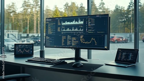 Modern workstation featuring multiple screens displaying financial data charts and coding interfaces near a panoramic window view