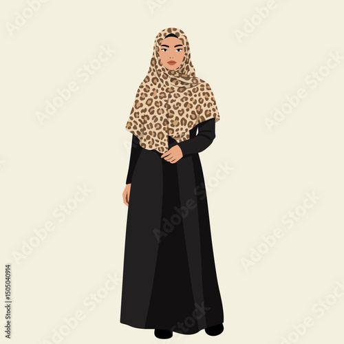Woman Wearing Leopard Print Hijab and Black Abaya Posing Elegantly