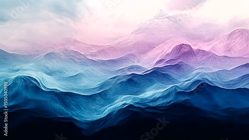 Dreamy pastel landscape with mountain ranges shifting from soft pinks to deep blues, evoking serenity and natural beauty