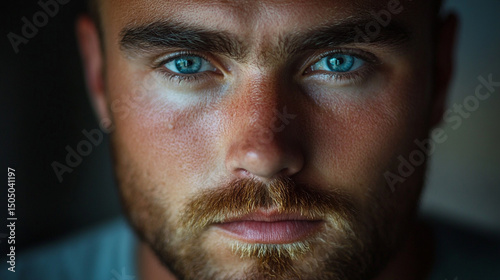 Close up portrait of a man with striking blue eyes and a reddish beard looking directly at the camera