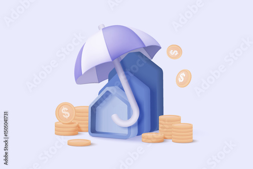 3D real estate and coin with insurance protection. money saving to loan house, property of financial, money investment. Stack of coins and a tiny house bank. 3d house icon vector render illustration