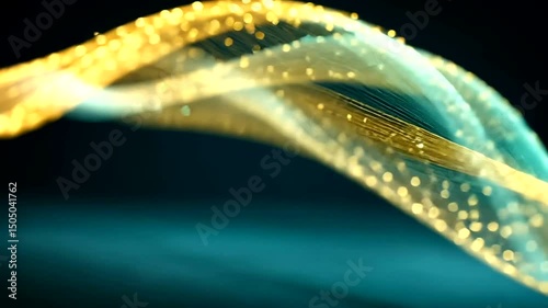 Ethereal flowing wave, illuminated by golden light points, gracefully curving against a gradient dark turquoise backdrop, creating depth