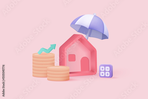 3D real estate and coin with insurance protection. money saving to loan house, property of financial, money investment. Stack of coins and a tiny house bank. 3d house icon vector render illustration