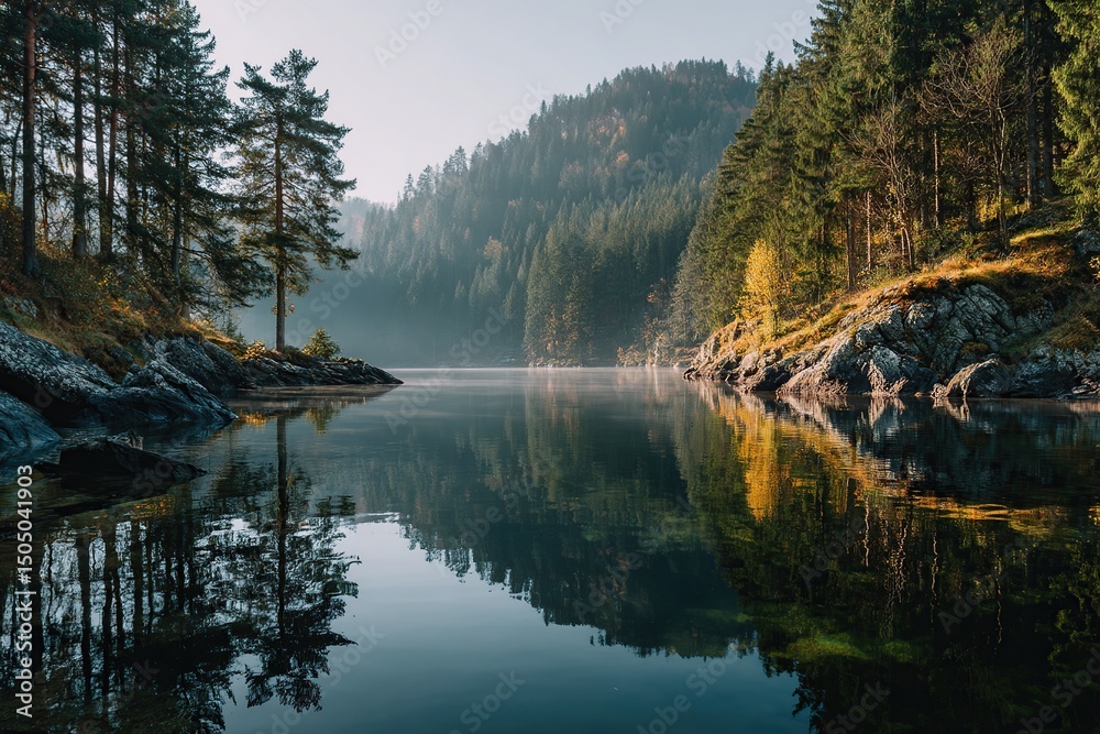 Fototapeta premium Misty Autumn Lake Reflection.