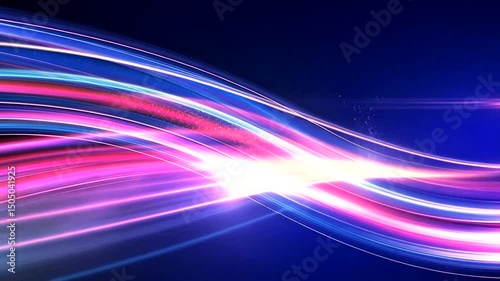 Abstract dynamic composition with a vibrant array of pink, white, and blue flowing lights against a dark blue background