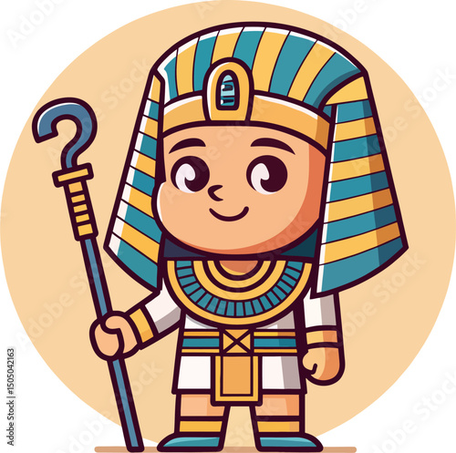 Cute Cartoon Pharaoh Holding Staff – Colorful Ancient Egyptian Character for Educational and Kids Content